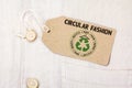 Circular Fashion label on shirt label, make, wear, repair, upcycle, swap, donate, recycle