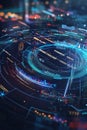 Circular fintech badge floating on a dynamic matrix of financial data points and graphs.