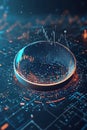 Circular fintech badge floating on a dynamic matrix of financial data points and graphs.