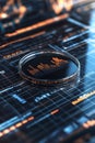 Circular fintech badge floating on a dynamic matrix of financial data points and graphs.
