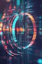 Circular fintech badge layered over a pulsating digital grid with financial data overlays.