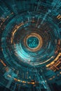 Circular fintech badge layered over a pulsating digital grid with financial data overlays.