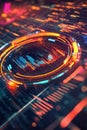 Circular fintech badge layered over a pulsating digital grid with financial data overlays.