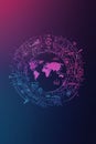 Circular fintech badge set against a textured gradient with interconnected global finance symbols.