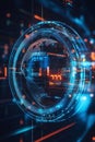 Circular fintech emblem displayed on a spinning globe with illuminated financial nodes.