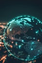 Circular fintech emblem displayed on a spinning globe with illuminated financial nodes.