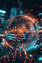 Circular fintech emblem displayed on a spinning globe with illuminated financial nodes.