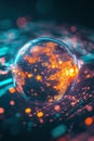 Circular fintech emblem displayed on a spinning globe with illuminated financial nodes.