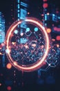 Circular fintech icon illuminated by a radiating digital wave with blockchain-inspired hexagonal patterns in the background.