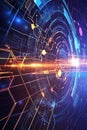 Circular fintech icon illuminated by a radiating digital wave with blockchain-inspired hexagonal patterns in the background.