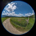 Circular fisheye view of a farm in British Columbia, Canada