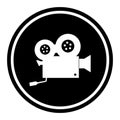 Circular, flat, black and white, vintage film camera icon. White silhouette