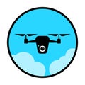 Circular, flat drone icon. Black on light blue. In the clouds
