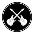 Circular, flat, monochrome crossed electric guitars icon white silhouette