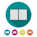 Circular, flat notebook icon. Five color variations