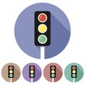 Circular, flat traffic light pole icon. Five color variations