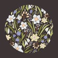 Circular floral backdrop or round decorative design element consisted of gorgeous garden blooming flowers and flowering