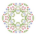 Circular floral mandala with summer stylized flowers. Can be used as a frame for your projects and postcards