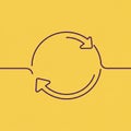 A circular flow diagram features two curved arrows forming a circle, created with thin,
