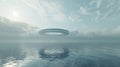 A circular flying object hovers over a calm sea surface, Science fiction epic Royalty Free Stock Photo