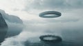 A circular flying object hovers over a calm sea surface, Science fiction epic Royalty Free Stock Photo