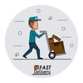 Circular frame background fast delivery man with hand truck packages