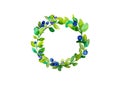 Circular frame of blueberry branches with green sprigs and blue and violet berries on a white background, isolated on a white Royalty Free Stock Photo