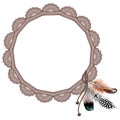 circular frame of brown lace with feathers in hand painted watercolor on white background, ethnic, boho, circle decorated