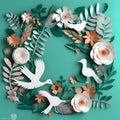 Circular frame with flowers, leaves and white birds on a light background Royalty Free Stock Photo