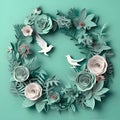 Circular frame with flowers, leaves and white birds on a light background Royalty Free Stock Photo
