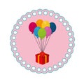 Circular frame with gift box with colored balloons Royalty Free Stock Photo
