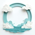 Circular frame with stylized clouds and wavy water elements. Light blue and white paper cut design. Perfect for summer or ocean Royalty Free Stock Photo