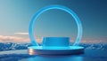 Blue podium with glowing ring against cloudy sky stage Royalty Free Stock Photo