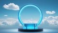 Blue glowing ring podium on a cloudy sky background Royalty Free Stock Photo