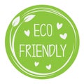 Circular green eco friendly sticker or label with leaves and heart icons