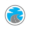 A circular icon features a stylized gray road with white dashed lines, curving upwards Royalty Free Stock Photo