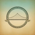 Circular illustration features a stylized suspension bridge at its center, bordered by a Royalty Free Stock Photo