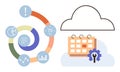 Circular infographic with analytics icons and cloud-based calendar connected to a gear for scheduling Royalty Free Stock Photo