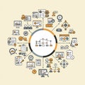 Circular infographic featuring a central node with a flowchart, Royalty Free Stock Photo