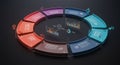 Circular infographic featuring six colored segments on a dark background, each with Royalty Free Stock Photo