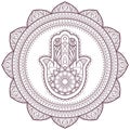 Circular intricate mandala with hamsa hand of fatima design for coloring