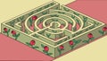 Circular Isometric Garden Maze with Green Path and Hedges, vector design Generative AI Royalty Free Stock Photo