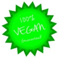 Circular label in the shape of the sun, 100% vegan guaranteed, green, isolated.