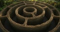 Circular labyrinth made of intertwined wooden branches, creating a series of Royalty Free Stock Photo