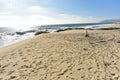 Circular labyrinth on Pacific beach seashore background