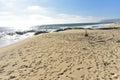 Circular labyrinth on Pacific beach seashore background