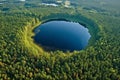 Circular lake in green forest. Generate Ai