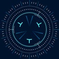 Circular loading bar with glowing neon blue light and target symbol, radiating lines and dotted patterns on dark