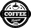 Circular logo for a coffee house established in 1789, featuring a steaming cup of coffee in the center, with bold text Royalty Free Stock Photo