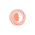 Circular logo with a face inside the ring. Abstract hair care products symbol, shampoo and hair styling styles for women